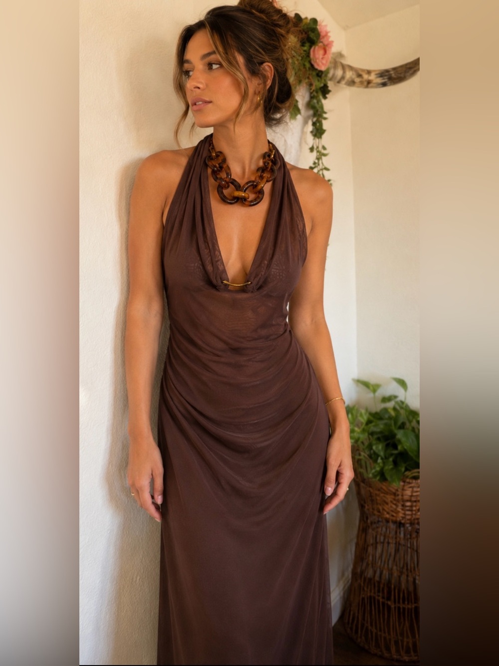 NWT ⚜️Caroline Constas⚜️ Salma Halter Gold Plated Detail brown Cover-Up Dress L